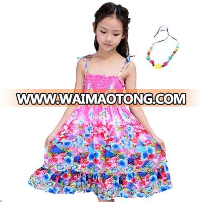 BS0260021 Summer Bohemian Style Girls Dress Floral Shoulderless Beading Necklace Sundress For Girls Beach Dress Clothes Vestido