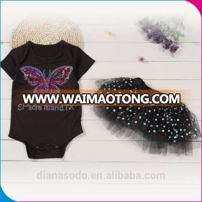 Black Butterfly Paillette Short Sleeve Body Wear Clothes, Romper With Skirt