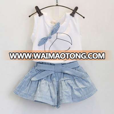 New Design 2pcs Baby Girls Summer Clothes Set Cute White T Shirt and Plaid Blue Pants for 2-6 Years Old