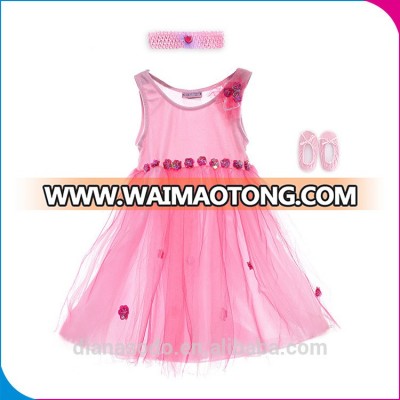 Top Quality Pink Baby Girl Party Dress Children Frocks Designs, Party Dress Set With Headband And Shoes For Little Girls