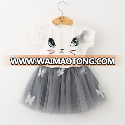 2017 Summer New Baby Girls Clothing Sets Fashion Style Cartoon Kitten Printed T-Shirts+Net Veil Dress 2Pcs Girls Clothes